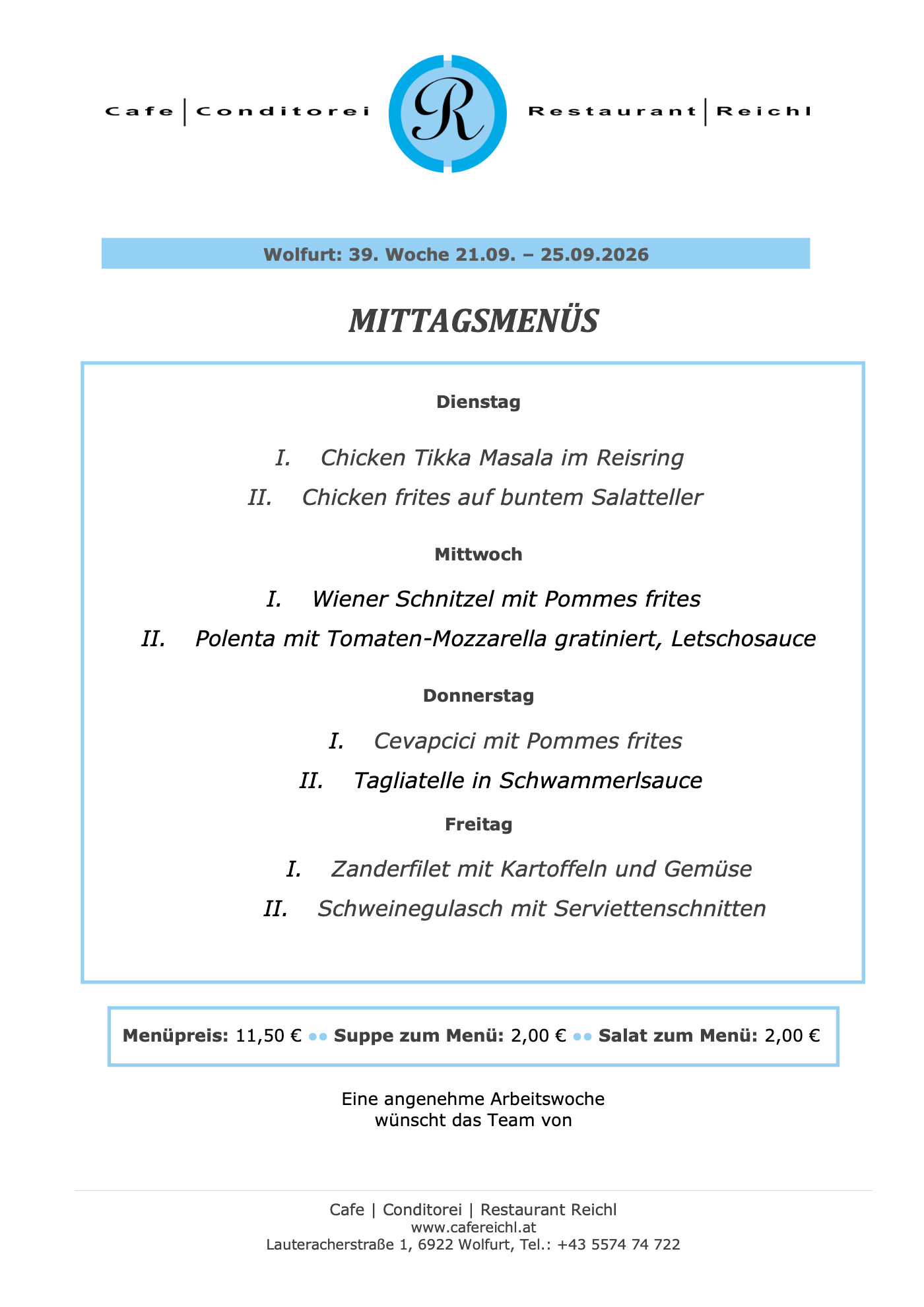 Menüplan der Woche im Cafe Reichl Wolfurt